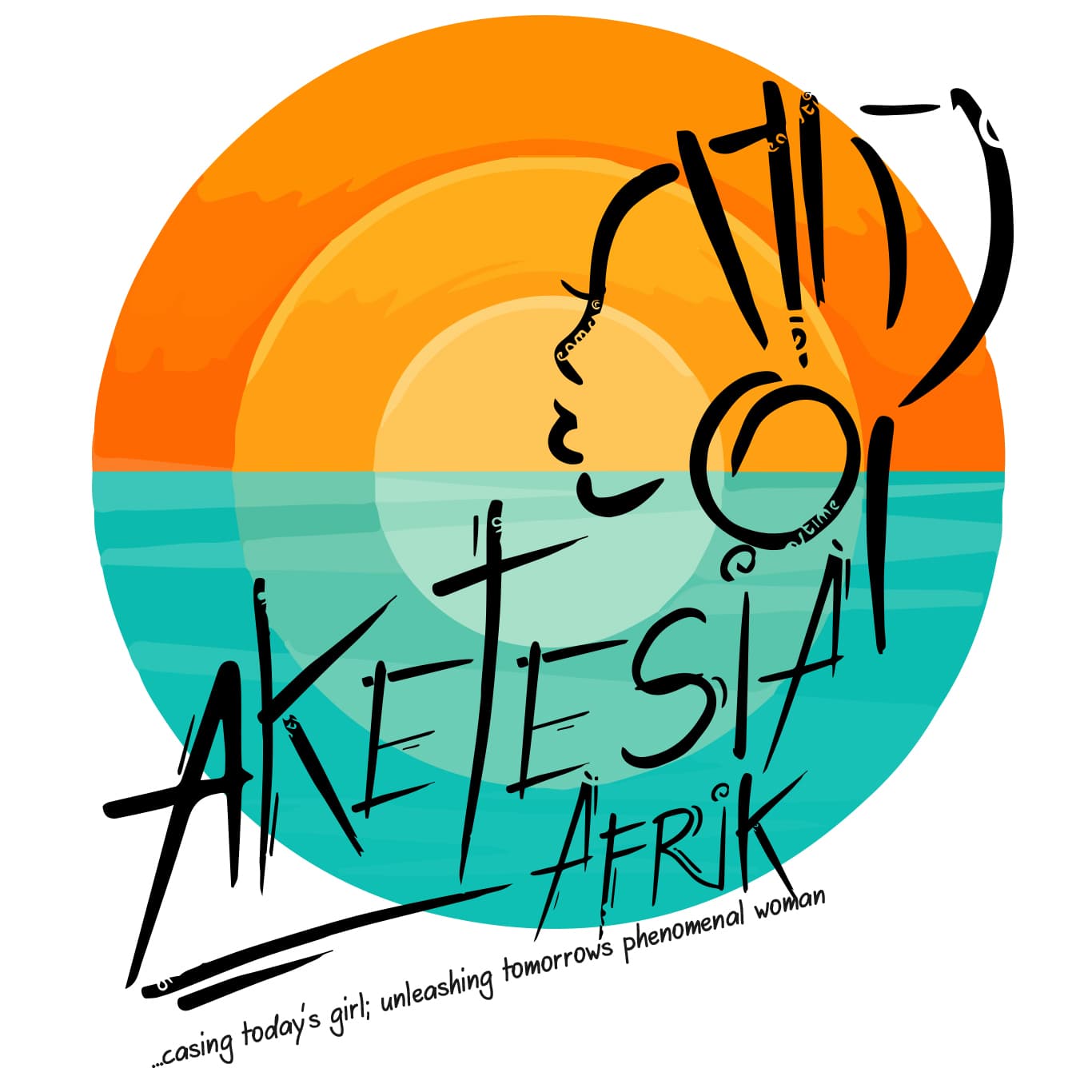 Aketesia Afrik logo showing an African woman at the meeting point of sunset and ocean