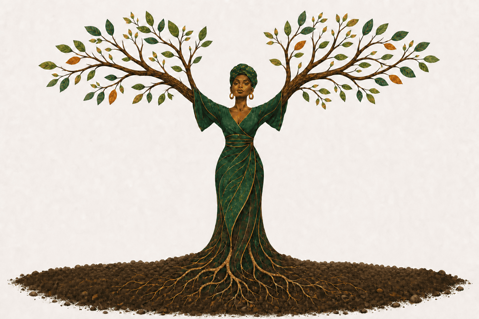 A woman growing as a deeply rooted tree with wide, leafy branches.